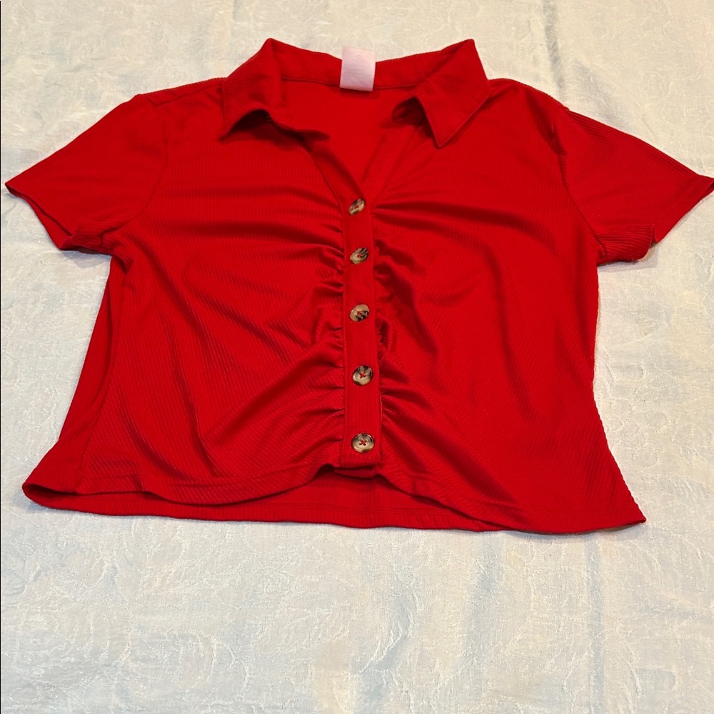No Boundaries Red Button-Front Collared Crop Top